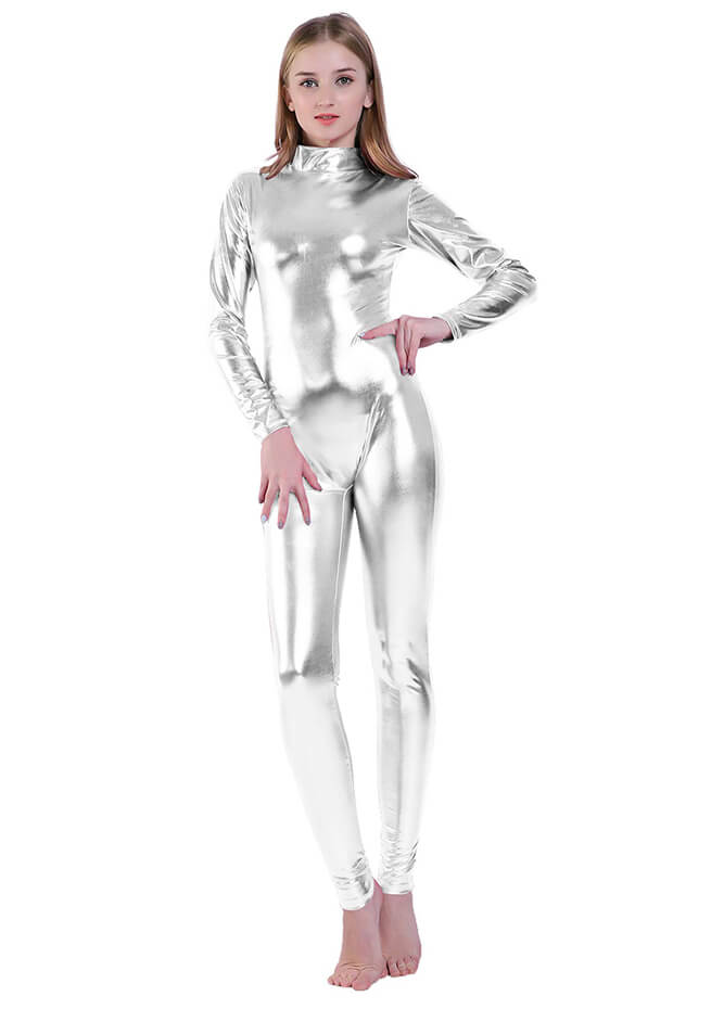 Shiny Metallic Turtleneck Long Sleeve Unitard