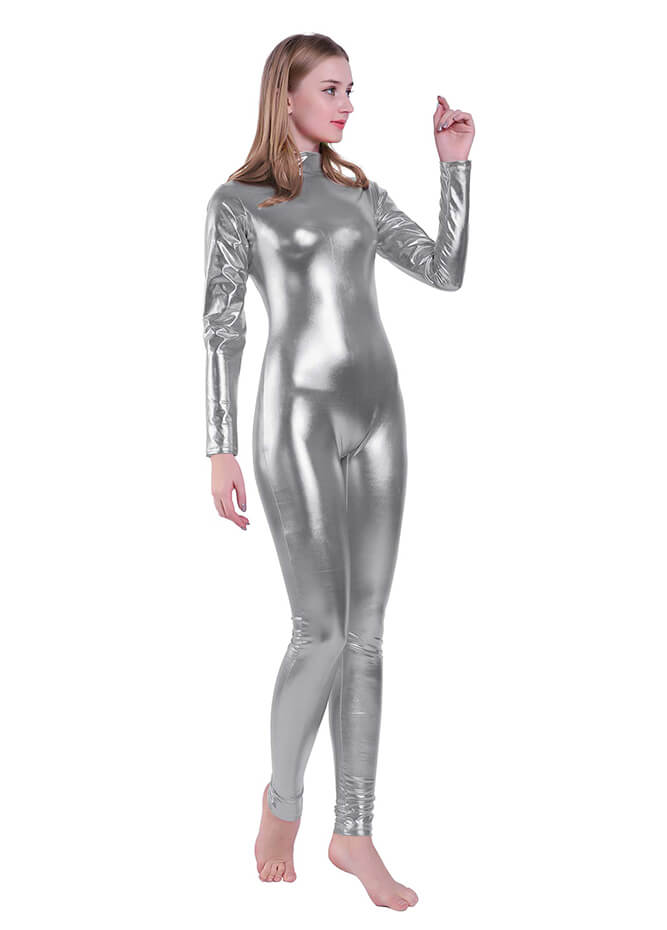 Shiny Metallic Turtleneck Long Sleeve Unitard